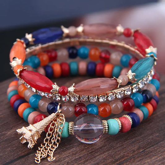 Luckacco DIEZI Korean Ethnic Bohemian Crystal Beads Leaves Charm Bracelets For Women Girls Elastic Rope Wrap Bracelet Pulseira Feminina