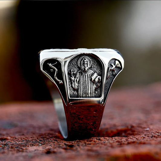 Luckacco Vintage Exorcism Saint Benedict Cspb Cross Ring Men Punk Amulet Christianity Rings Stainless Steel Jewelry Gift