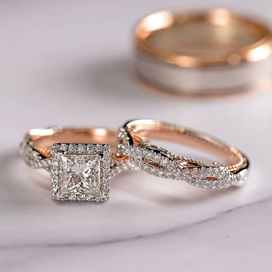 Luckacco 14K Gold Vintage 3-in-1 Promise Ring Set Lab Diamond Engagement Wedding Band Rings for Women Men Party Jewelry