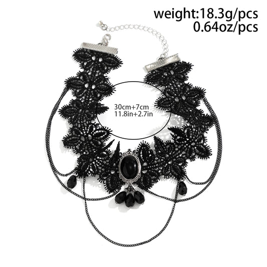 Luckacco Lacteo Gothic Black Lace Rope Chain Necklace Crystal Beads Geometric Charm Chokers Collar Girls Women Party Y2K Jewelry New