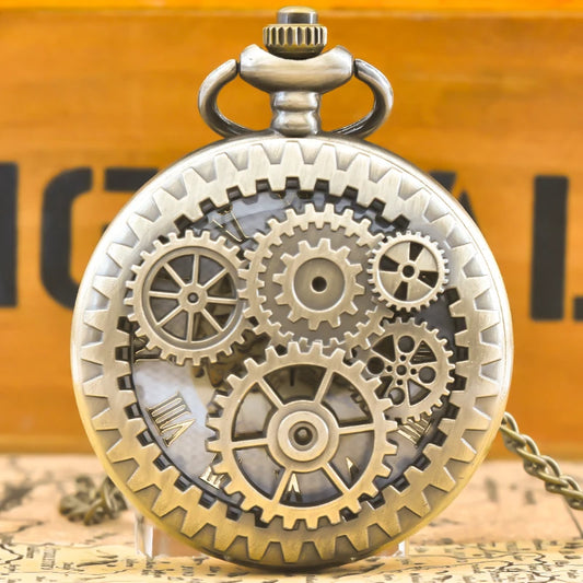 Luckacco Vintage Bronze Steampunk Copper Cutout Gear Quartz Pocket Watch Necklace Pendant Clock Chain Men Women Chain Gift