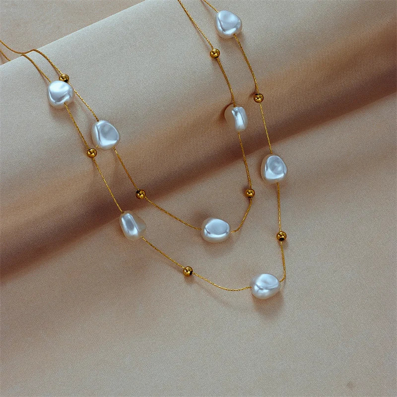 luckacco 316l stainless steel 2in1 large pearl pendant necklace for women new trend girls neck jewelry chain party wedding gift