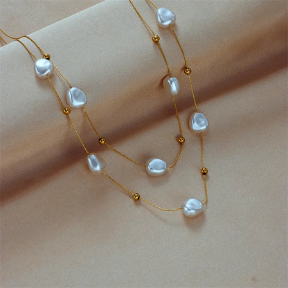 Luckacco 316L Stainless Steel 2in1 Large Pearl Pendant Necklace For Women New Trend Girls Neck Jewelry Chain Party Wedding Gift