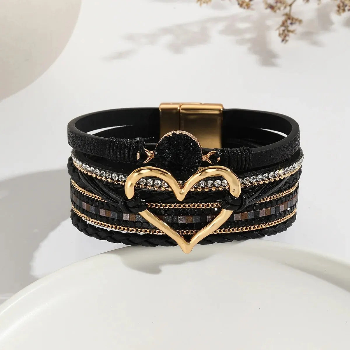 luckacco new metal love heart charm leather bracelets for women fashion bohemian rhinestone resin wrap bracelet bangle couple jewelry