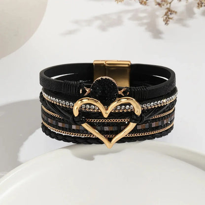 Luckacco New Metal Love Heart Charm Leather Bracelets for Women Fashion Bohemian Rhinestone Resin Wrap Bracelet Bangle Couple Jewelry