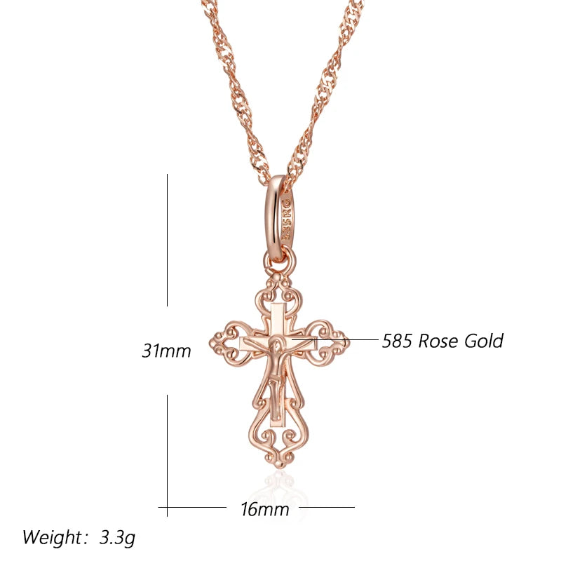 luckacco kinel luxury 585 rose gold color cross pendant necklace for women men orthodox church jesus glossy charm daily fine jewelry