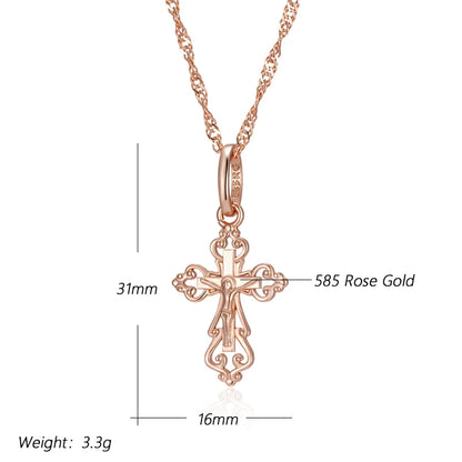 Luckacco Kinel Luxury 585 Rose Gold Color Cross Pendant Necklace For Women Men Orthodox Church Jesus Glossy Charm Daily Fine Jewelry