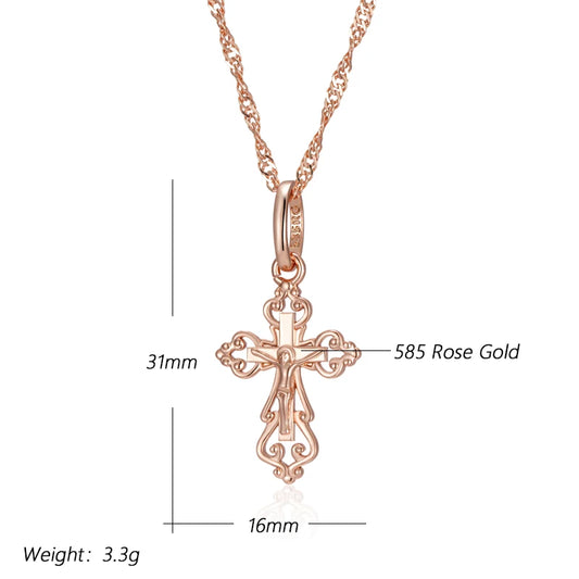 Luckacco Kinel Luxury 585 Rose Gold Color Cross Pendant Necklace For Women Men Orthodox Church Jesus Glossy Charm Daily Fine Jewelry