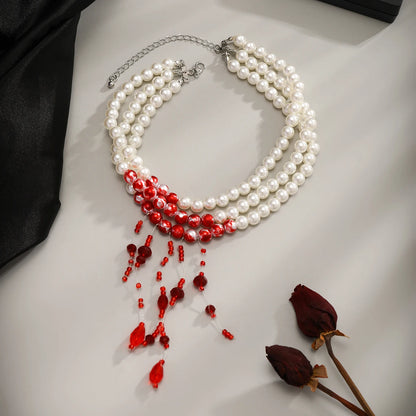 Luckacco Multilayer Vintage Red Blood Pattern Imitation Pearl Tassel Pendant Necklace for Women Goth Crystal Bead Chain Halloween Jewelry