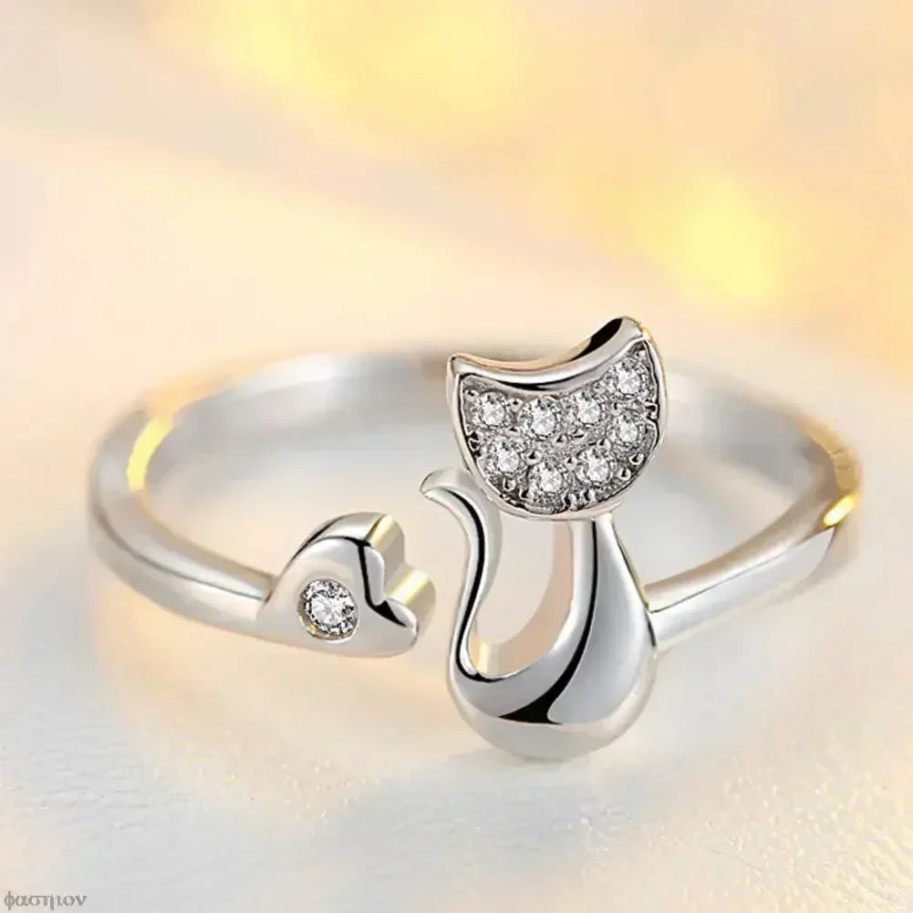 luckacco charm crystal top quality cubic zirconia crystal inlaid cute animal cat ring for women girls fashion animal anillo de mujer open