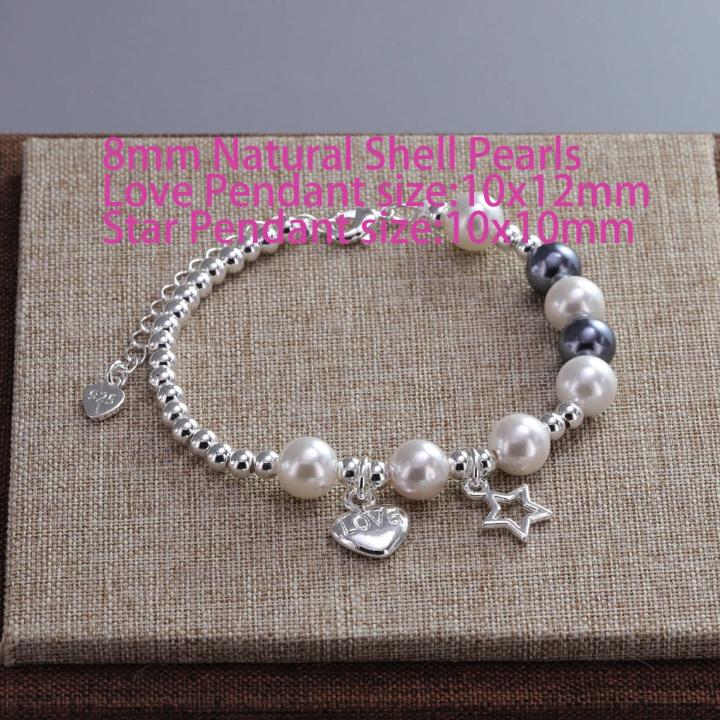 luckacco ventfille 925 sterling silver 6mm shell pearl glass bead star bracelet for women gift crushed silver jewelry