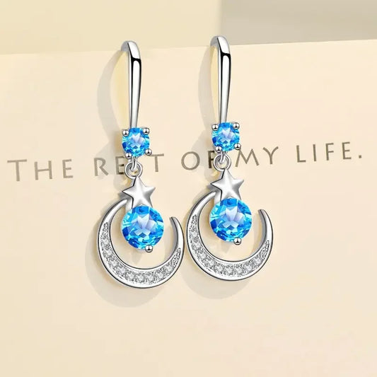Luckacco Female Fashion Star Moon Earrings 925 Sterling Silver White Sapphire Pink Blue White Artificial Dangle Earrings