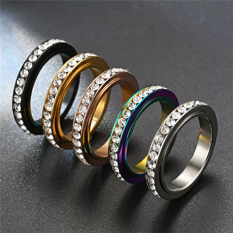 luckacco stainless steel cubic zirconia rotatable chain couple rings anti stress anxiety fidget spinner ring wedding band knuckle jewelry