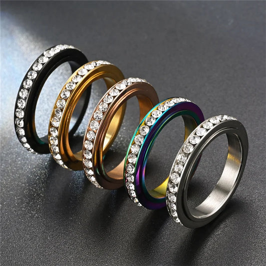 Luckacco Stainless Steel Cubic Zirconia Rotatable Chain Couple Rings Anti Stress Anxiety Fidget Spinner Ring Wedding Band Knuckle Jewelry