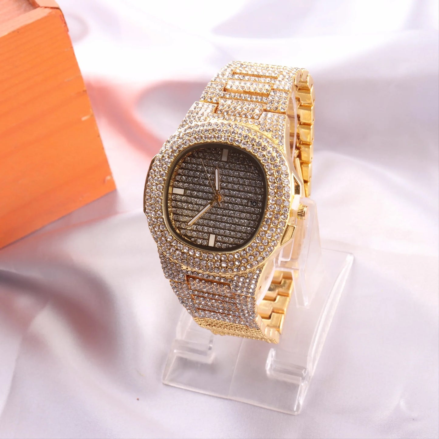 luckacco golden quartet quartz watch stylish square full star set steel band calendar men's women's wristwatch