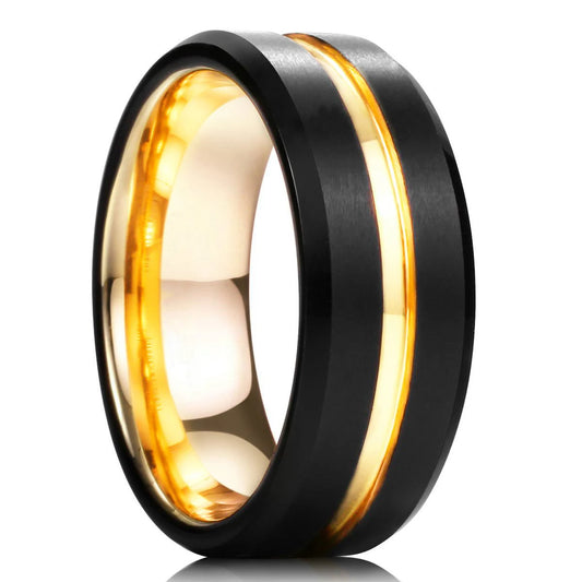 Luckacco Fashion Men 8mm Rose Gold Color Stainless Steel Rings Double Groove Pattern Promise Rings For Men Wedding Jewelry Accessories