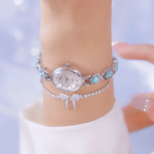 Luckacco Blue Jewel Oval Bracelet Watch Luxury Crystal Quartz Watches For Woman Vintage Gold Silver Jade Wristwatch Gifts For Women