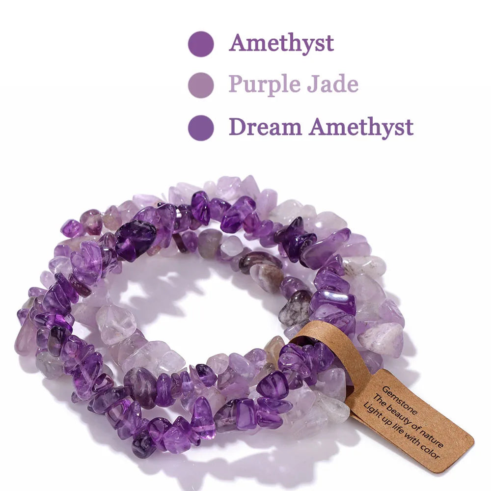 luckacco 3pcs natural chip stone bracelet set irregular fluorite quartzs stretch bracelet with tag healing jewelry gifts for women men