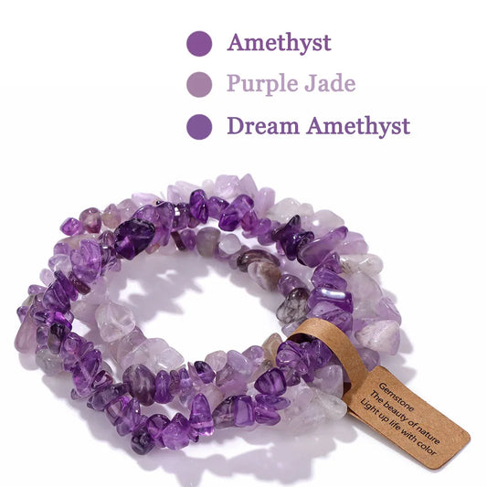 Luckacco 3PCS Natural Chip Stone Bracelet Set Irregular Fluorite Quartzs Stretch Bracelet With Tag Healing Jewelry Gifts For Women Men