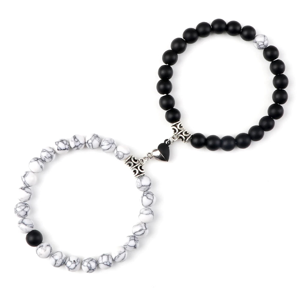 luckacco 2pcs/set sliver black color magnet pendant bracelets 6mm 8mm white porcelain black line beads couple bracelet jewelry gift new