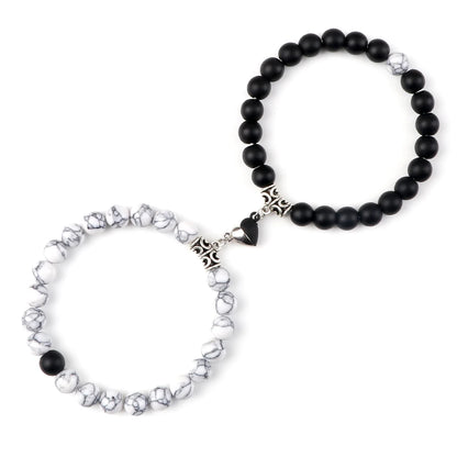 Luckacco 2Pcs/Set Sliver Black Color Magnet Pendant Bracelets 6MM 8MM White Porcelain Black Line Beads Couple Bracelet Jewelry Gift New