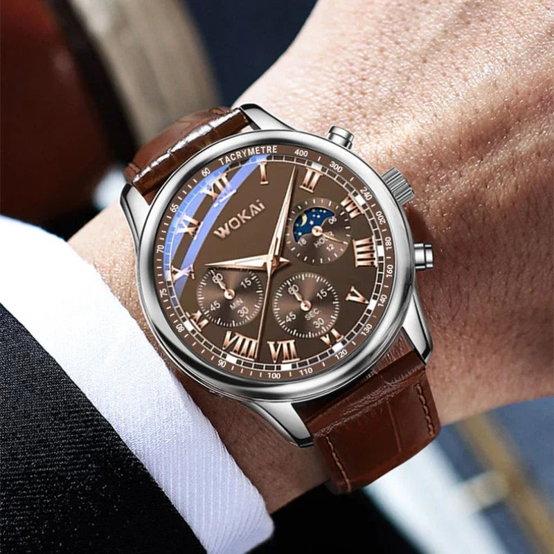 luckacco fashion business watches fake three-eye roman numerals dial clock leather strap quartz watch for men wristwatch часы мужские