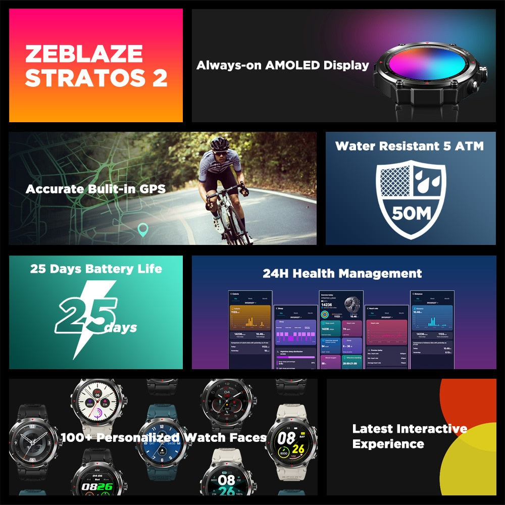 [The New 2022] Zeblaze Stratos 2 GPS Smart Watch AMOLED Display 24h Health Monitor 5 ATM Long Battery Life Smartwatch for Men - luckacco