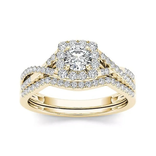 Luckacco Charm Square Round Gold Color White Stone Rings Set Fashion Metal Party Rings for Women Jewelry