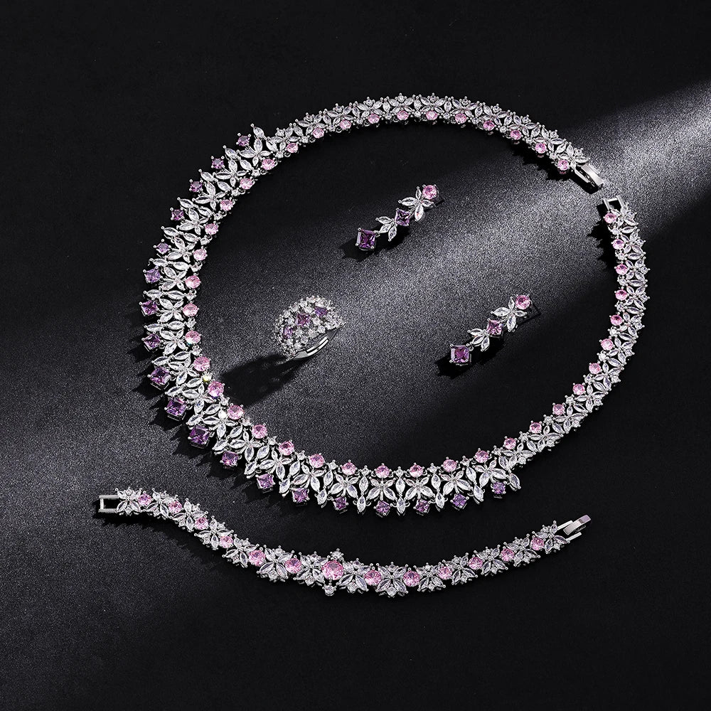 luckacco 2025 new 4-piece ring cubic zirconia bridal wedding jewelry set, dubai nigeria crystal wedding jewelry set