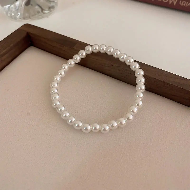 luckacco elegant white faux pearls beaded bracelets for women adjustable elastic rope bracelet french luxury hands jewelry accessories