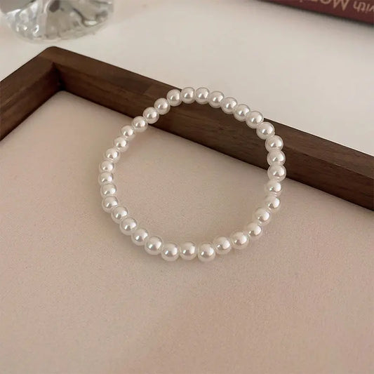 Luckacco Elegant White Faux Pearls Beaded Bracelets for Women Adjustable Elastic Rope Bracelet French Luxury Hands Jewelry Accessories
