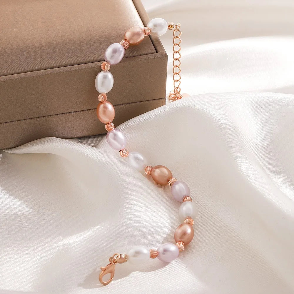 luckacco classic baroque ellipse gold color pearl beaded bracelet foe women charm trendy adjustable bride bangle jewelry accessory gift