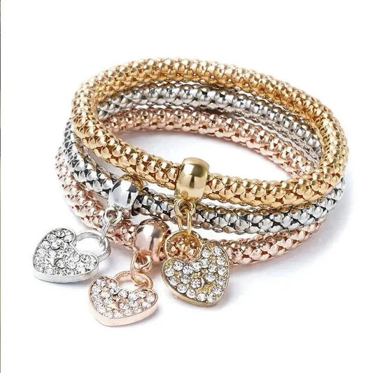 Luckacco 3 PCS Set Heart Lock Key Music Sign Charm Bracelet Owl Rose Gold Plating Silver Color Chain Owm Charm Bangle Jewelry Set
