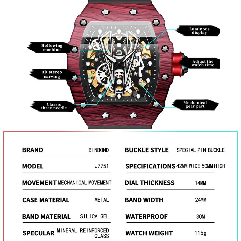 Luxury Brand Tonneau Automatic Watch Men Casual Sport Rubber Strap Wristwatch Luminous Waterproof 50mm Mille Mechanical Watches - luckacco