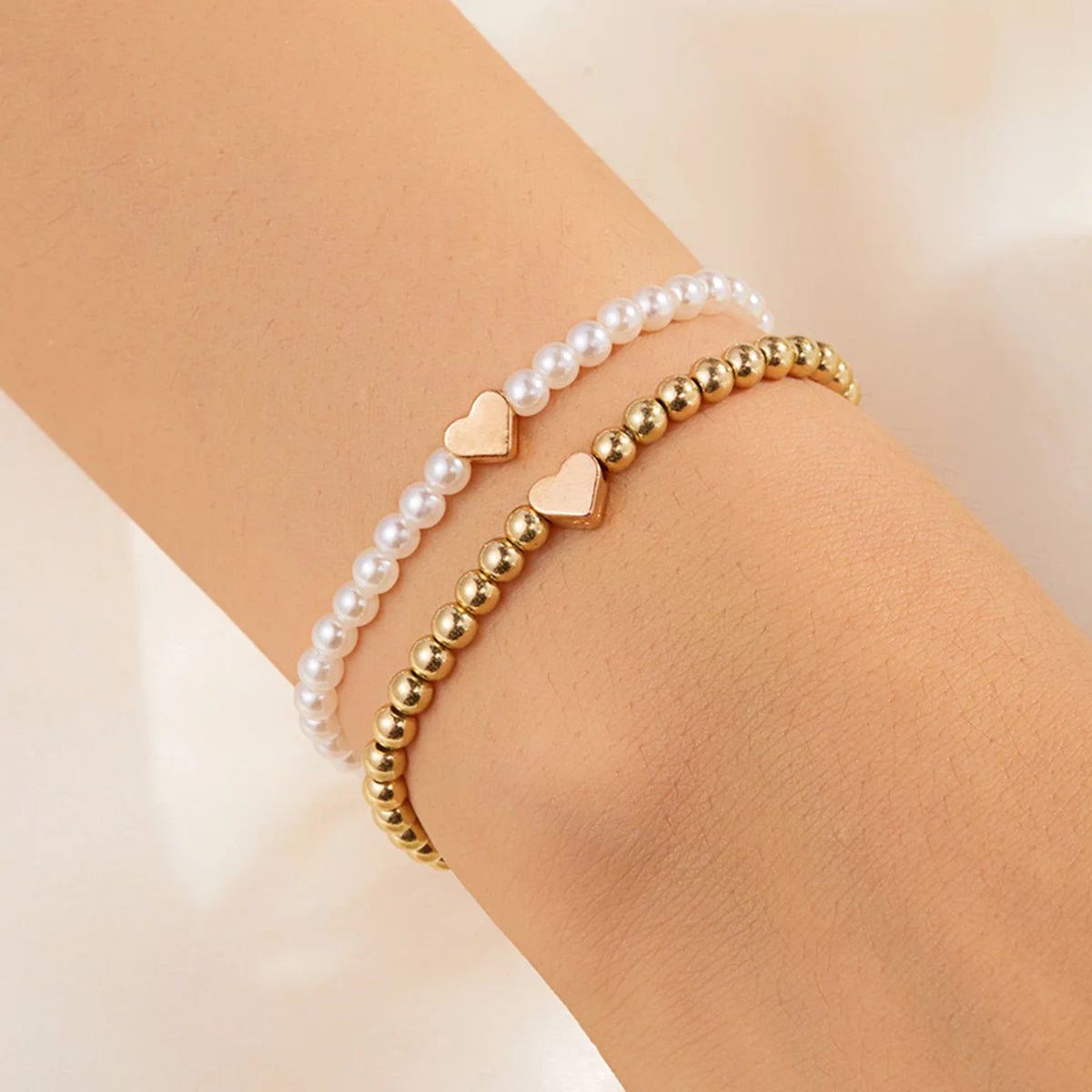 luckacco double layer minimalist love heart gold color imitation pearl beaded bracelets for women men retro cross star bangles jewelry