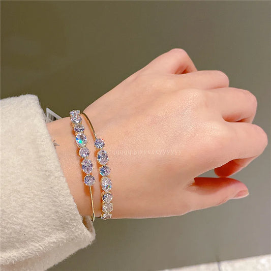 Luckacco Cuff Bracelets Sparkling Gold Color Double Layer Open Bangles For Women Shine Cubic Zircon Luxury Jewelry Party Accessories