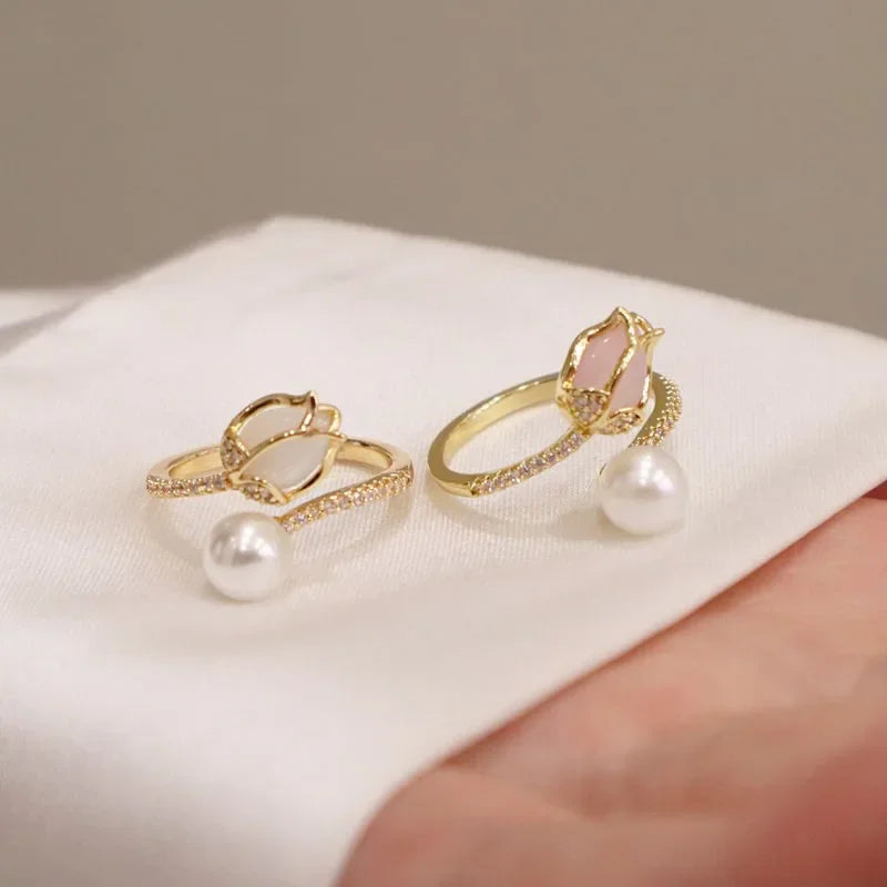 luckacco korean trend tulip flower imitation pearl rings for women elegant simple adjustable opening finger ring party wedding jewelry