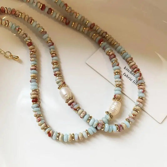 Luckacco 2024 New Trendy Natural Stone Freshwater Pearl Collar Chain Necklace Vintage Handmade Stylish Beads Jewelry Bijoux Gift