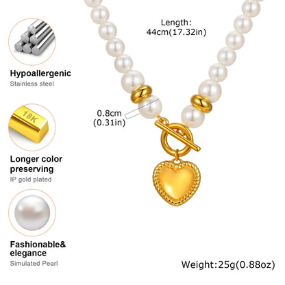 Luckacco High Quality Imitation Pearl Beaded Necklace, Stainless Steel OT Buckle Heart Pendant Choker, Luxury Statement Jewelry for Women