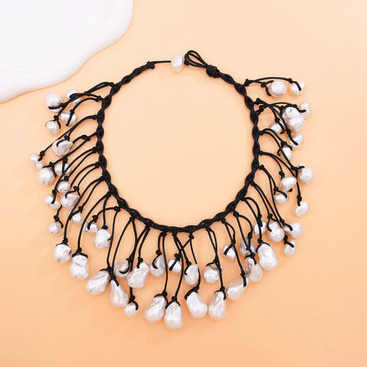 Luckacco Luxury Weave Imitation Pearl Baroque Necklace For Women Fashionable Long Chain Dress Jewelry Female Elegant Accessory Gift