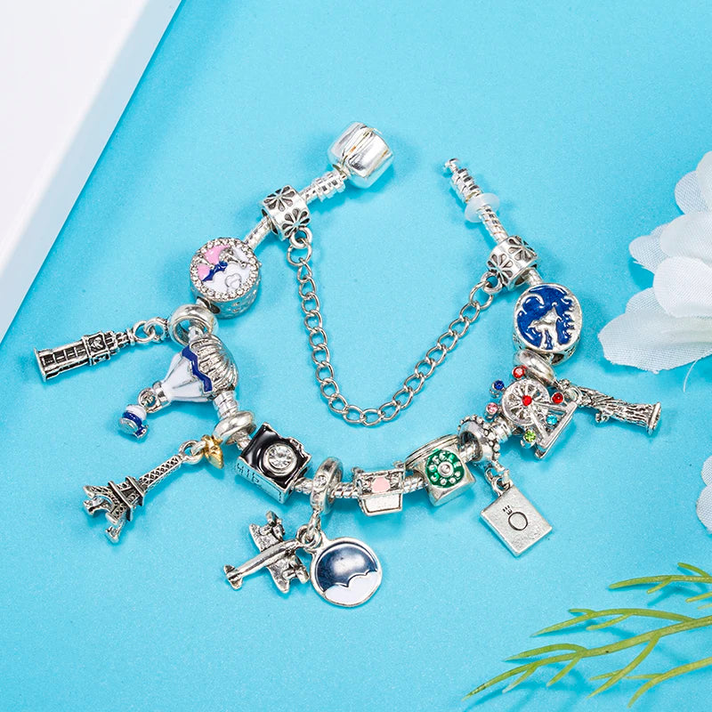 luckacco romantic tower aircraft charm bracelet for women with crystal diy beads pendants bracelet high-quality jewelry