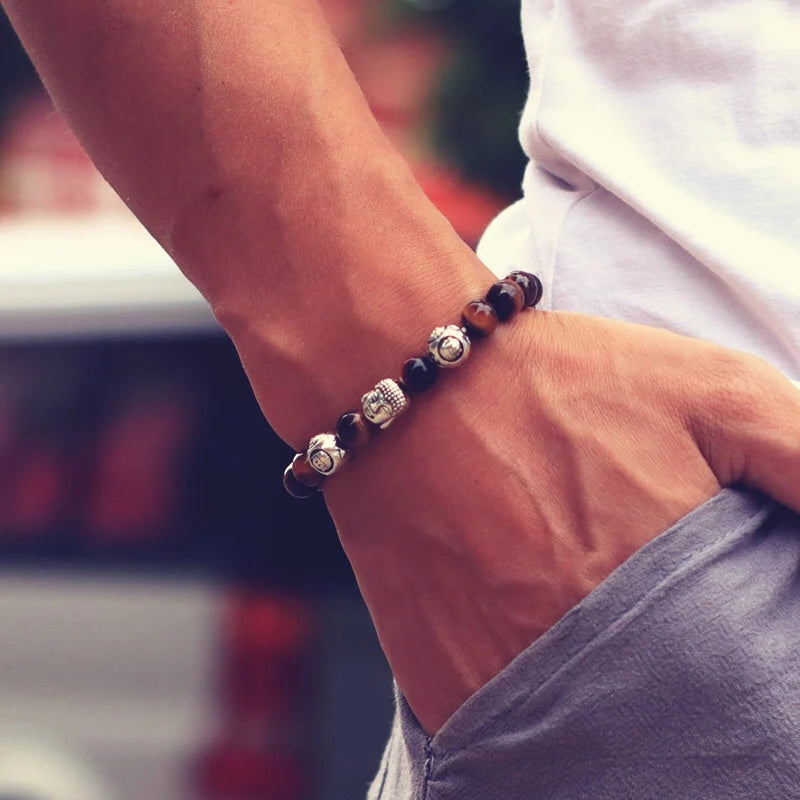 luckacco minimalist men bracelet natural 8mm stone vintage buddha braclet homme meditation yoga jewelry lava tiger eyes beaded braslet