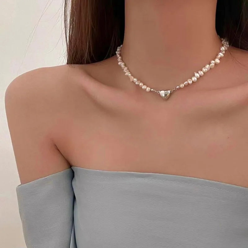 luckacco korean fashion pearl chain choker necklace for women girls 2022 trend jewelry heart pendant necklace bridal engagement