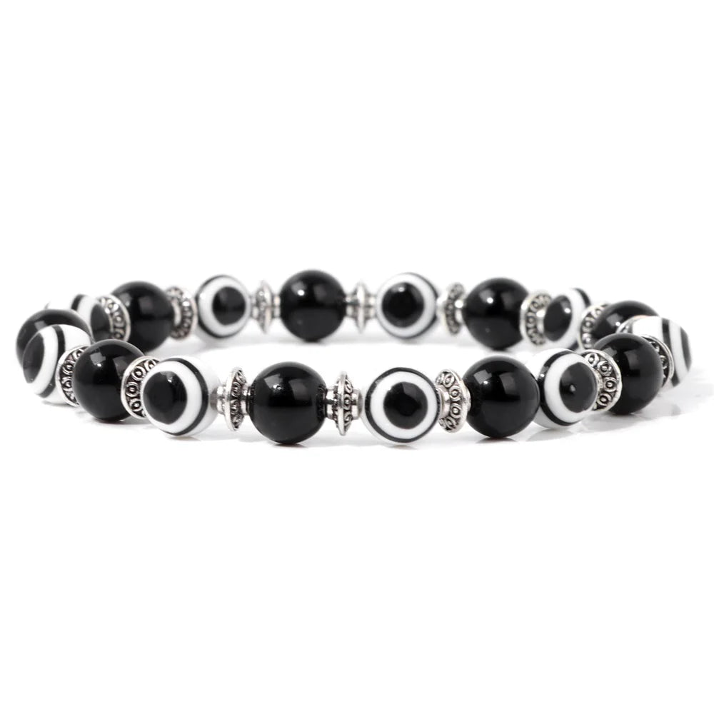 luckacco lucky evil eye beads bracelet natural stone lava hematite bracelet set multilayer bracelets women men handmade elastic jewelry