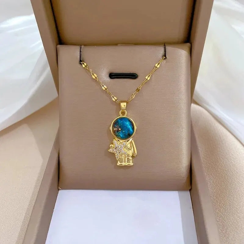 luckacco light luxury titanium steel star series necklace for women gold color planet moon astronaut pendant necklaces jewelry gifts