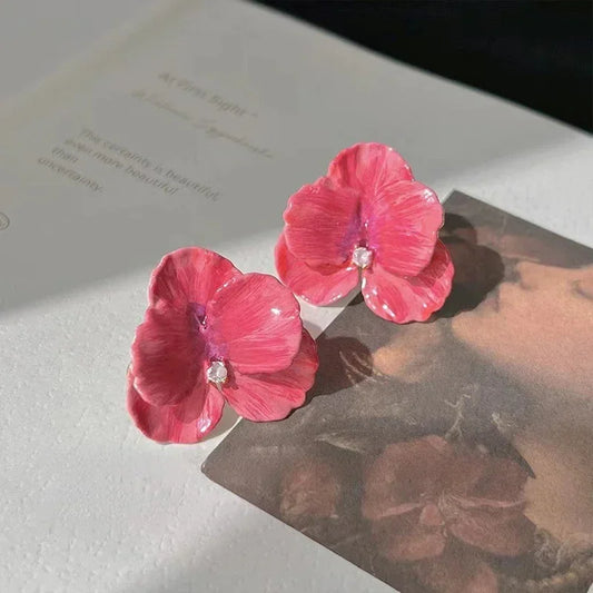 Luckacco Retro Big Flower Stud Earrings Red Blue Enamel Oil Petal Rhinestones Earrings for Women Wedding Party Cute Elegant Jewelry Gift