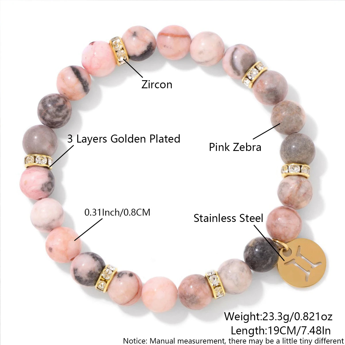 luckacco mhs.sun 12 star zodiac sign pink zebra stone beaded bracelets constellation fashion birthday party jewelry for women men