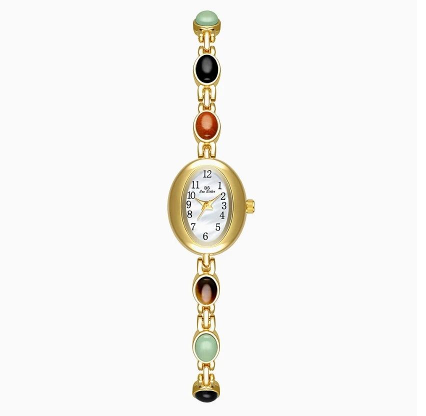luckacco 2025 women quartz watch luxury brand retro natural dongling stone hotan jade waterproof ladies advanced chain wristwatches gift