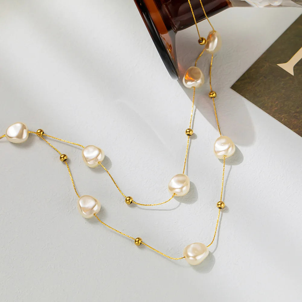 luckacco 316l stainless steel 2in1 large pearl pendant necklace for women new trend girls neck jewelry chain party wedding gift