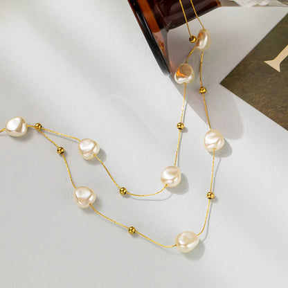 Luckacco 316L Stainless Steel 2in1 Large Pearl Pendant Necklace For Women New Trend Girls Neck Jewelry Chain Party Wedding Gift